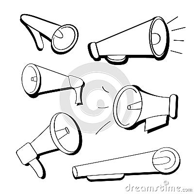 Set of black and white flat icons of mouthpieces, loudspeakers in cartoon style. Bullhorns isolated on white background. Pop art Vector Illustration