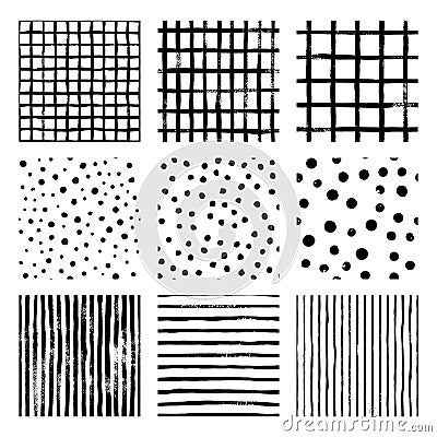 Set black and white hand draw vector seamless patterns Stripe Strip, Grid, Polka Dot Vector Illustration