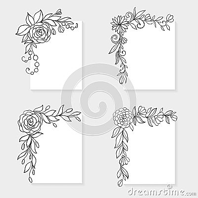 Set of black and white hand drawn corner floral borders. Vector Illustration