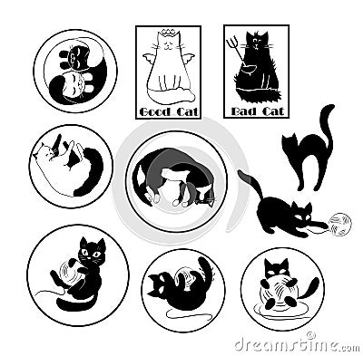 Set of black and white icons, stickers, cards with funny cats and kittens. Vector design elements Vector Illustration