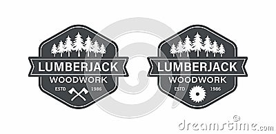 Set of black and white illustrations of crossed axes, forest, circular saw, text on white background. Vector Illustration