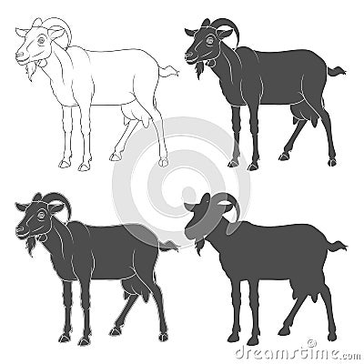 Set of black and white illustrations depicting a goat. Isolated vector objects on a white. Vector Illustration