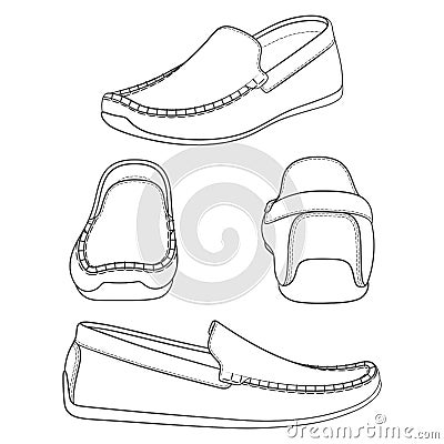 Set of black and white illustrations with shoes, moccasins. Isolated vector objects. Vector Illustration
