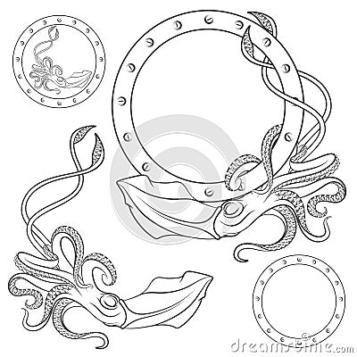 Set of black and white illustrations with squid on a white background. EPS10 Vector Illustration