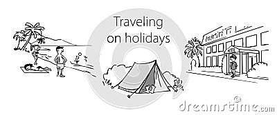 Set of black and white illustrations on the theme of travel Vector Illustration