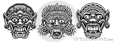 A set of black and white illustrations of traditional Indonesian masks Vector Illustration