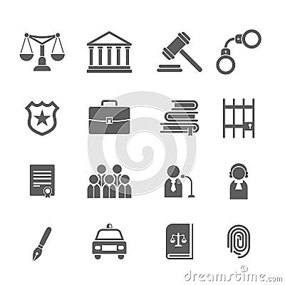 Set of black and white law and justice icons. Judge, gavel, lawyer, scales court, jury, sheriffs, star, law books Vector Illustration