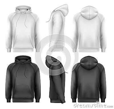 Set of black and white male hoodies with sample text space. Vector Illustration