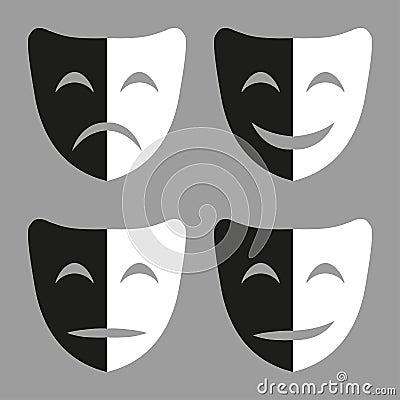 Set of black and white masks with emotions Vector Illustration