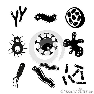 Set of microbes from different form and types on white background. Vector illustration of icons bacteria, germs and viruses in Vector Illustration