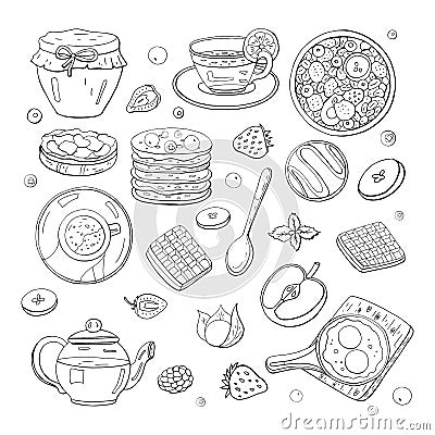 Set of black and white morning breakfast elements isolated on white background. Tea, scrambled eggs. coffee, honey Stock Photo