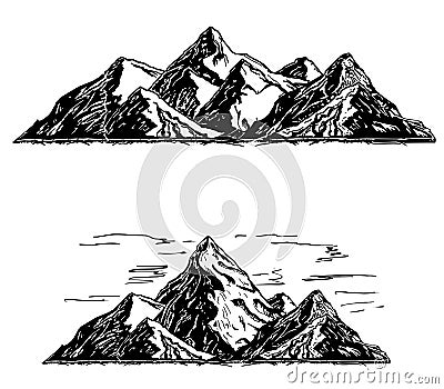 Set of black and white mountain. Silhouettes of the mountains, highlands, rocky landscapes, hills on white background Vector Illustration