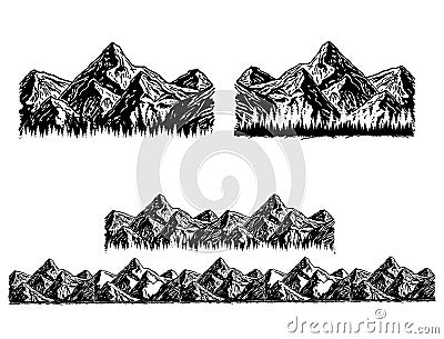 Set of black and white mountain. Silhouettes of the mountains, highlands, rocky landscapes, hills on white background Vector Illustration