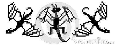 Set with black and white outline pixel dragons isolated on white. Vector Illustration