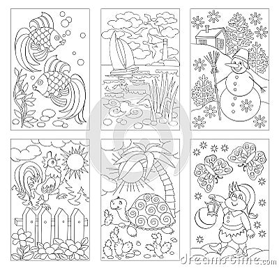 Set of black and white pages for baby coloring book. Drawings of nature, animals and fairy tales views. Vector Illustration