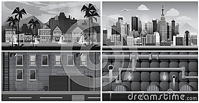 Set of black and white panorama cities. Vector art Vector Illustration