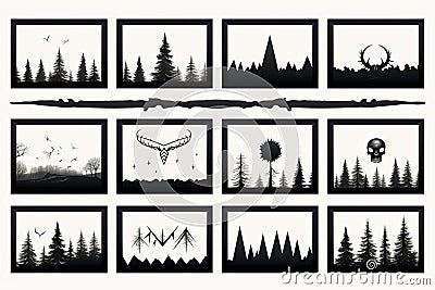 a set of black and white photographs with trees and other objects Stock Photo