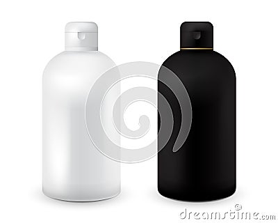 Set of black and white plastic bottle template for shampoo, shower gel, lotion, body milk, bath foam. Ready for your Vector Illustration