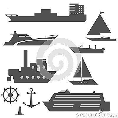 Set of black and white ship icons Cartoon Illustration