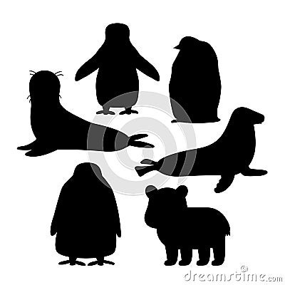 Set of black white silhouette vector Penguin, king penguin chick, fur seal, polar bear cub, small common seal. Isolated Vector Illustration