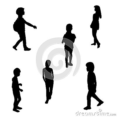 Set of Black and White Silhouette Walking Children. Vector Illustration Vector Illustration