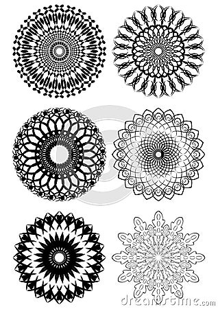 A set of black white symmetric geometric lace circles Vector Illustration