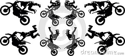 A set of black and white vector images of motorcyclists performing extreme stunts in the discipline of motofreestyle Vector Illustration