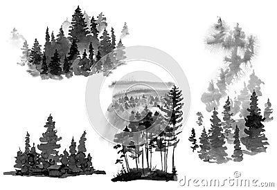 Set of Black and White Watercolor Silhouette of Conifer Tree, Monochrome Winter Woodland, Forest Landscape Stock Photo