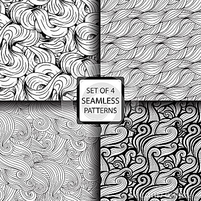 Set of black and white wave patterns seamlessly tiling Vector Illustration