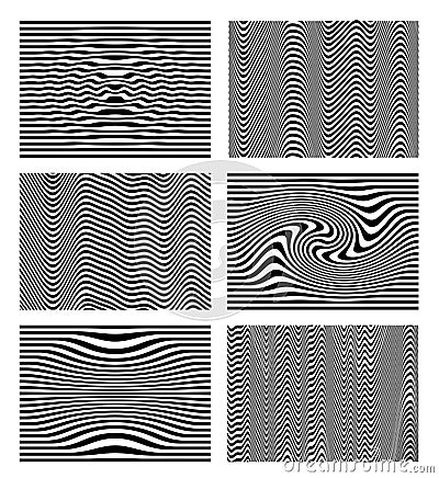 Set of black and white wave stripe optical abstract. Design background. Curved lines. Vector illustration. Isolated on white Cartoon Illustration