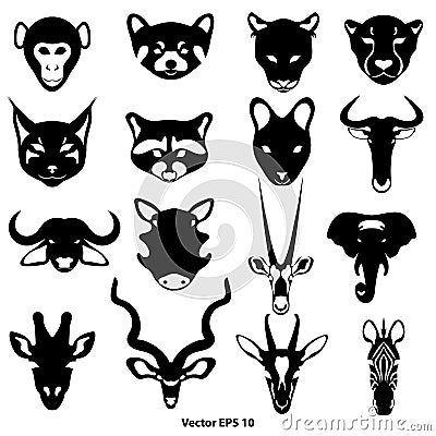 Set of black and white wild animal head silhouettes for a logo Vector Illustration