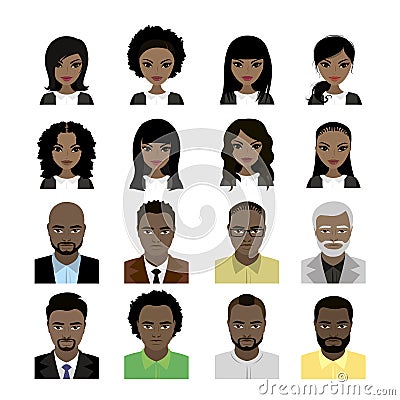 Set of Black Women and man avatar Vector Illustration