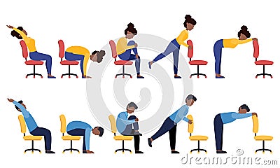 Set of black women and men doing office chair exercises. Vector Illustration