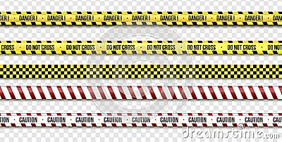 Set of Black and yellow police tape. Barricade stripes, Do not cross, police, warning, crime danger line, bright yellow Vector Illustration