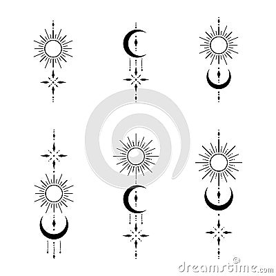 Set of blackwork tattoo with sun, moon, star. Sacred geometry tattoo design, mystic symbol. Vector Illustration