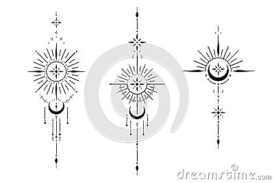 Set of blackwork tattoo with sun, moon, star. Sacred geometry tattoo design, mystic symbol. Vector Illustration