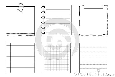 set of blank black and white memo templates, striped note, planner, notepad, sticky note, reminder, journal Vector Illustration
