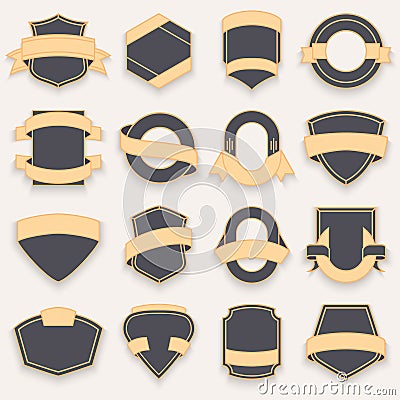 Set of blank empty dark shields. Shield badge shapes. Vintage frames for emblems, labels, insignia Vector Illustration