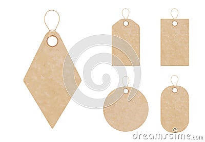 Set of blank gift tag labels for sale prices. Texture of realistic brown yellow kraft carton paper material with a rope. Stickers Vector Illustration