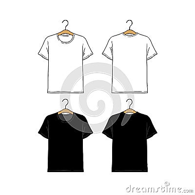 Set of blank hanging t-shirt design template hand drawn vector illustration. Front and back sides. White and black male shirt Vector Illustration
