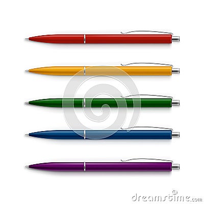 Set of Blank Multicolored Pens with Metal Caps Vector Illustration