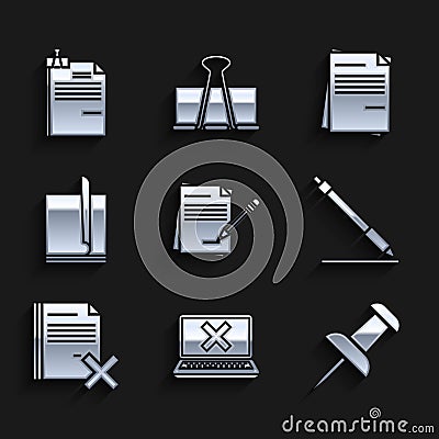 Set Blank notebook and pencil with eraser, Laptop cross mark on screen, Push pin, Pen line, Delete file document, File Vector Illustration