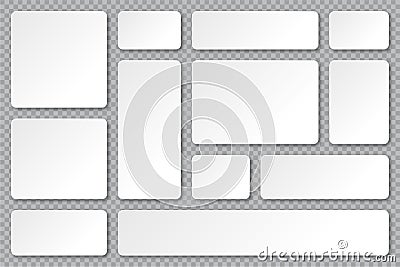 Set of blank paper banners with shadows on transparent background. Adhesive stickers, labels with rounded corners Vector Illustration