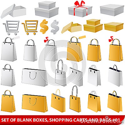 Set of blank shopping bags, carts and giftboxes Vector Illustration