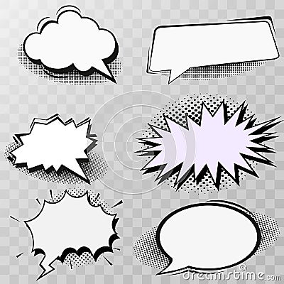 Set of blank template in Pop Art style. Vector Comic Text Speech Bubble Halftone Dot Background. Stock Photo