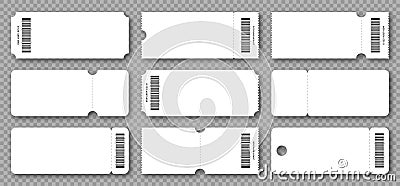 Set of blank tickets, coupons and vouchers with ruffle edges. Ticket and voucher mockups, white cardboard texture Vector Illustration
