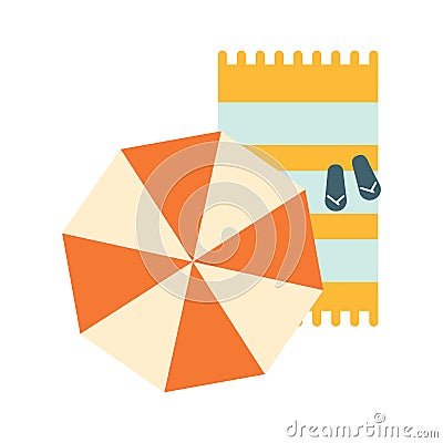 Set Of Blanket , Umbrella And Flip-Flops On The Sand, Part Of Summer Beach Vacation Series Of Illustrations Vector Illustration