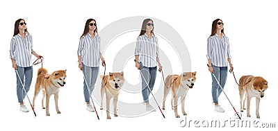 Set of blind woman with long cane and dog on white Stock Photo