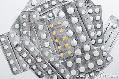 Set of blister packs of pills on white background. Stock Photo