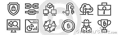 Set of 12 blockchain icons. outline thin line icons such as reward, bitcoin, portfolio, cloud computing, nodes, link Vector Illustration